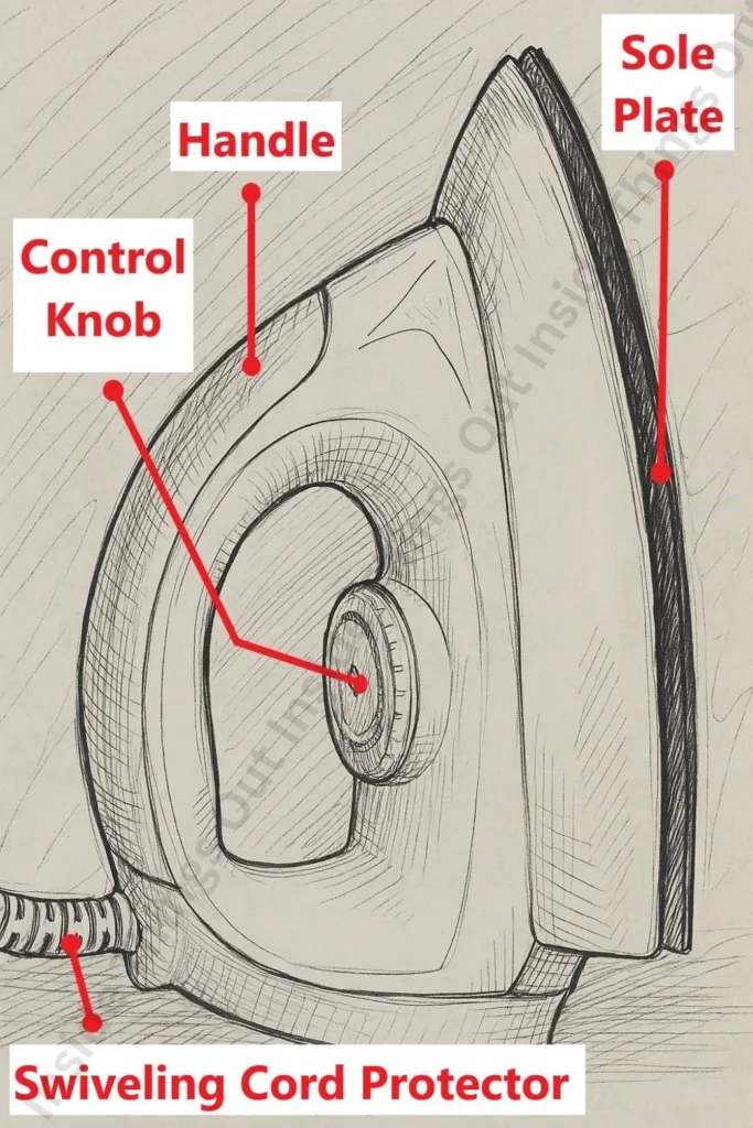 Sketch of standing cloth iron, Cloth Iron, iron control Knob, Cloth Iron Press.