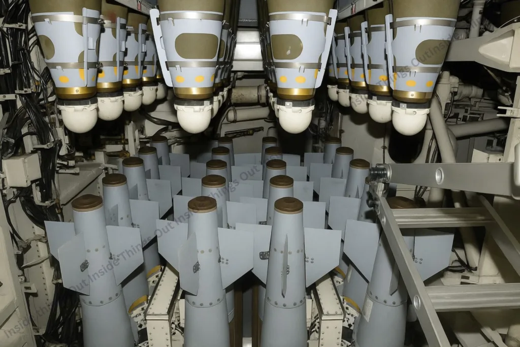 Interior view of a B-2 Spirit stealth bomber’s weapons bay, showcasing a full payload of precision-guided bombs neatly arranged in multiple rows. The bombs are secured in racks, with visible wiring and mechanical systems surrounding the payload area, illustrating the aircraft's advanced munitions storage and delivery system.