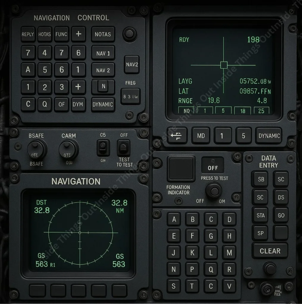 Close-up view of the navigation and control interface inside a B-2 Spirit bomber cockpit. The panel features multiple green-lit digital displays, numeric keypads, control switches, and toggles for functions like navigation, data entry, and system testing. The screens show target coordinates, distance, ground speed, and radar tracking data essential for mission execution.