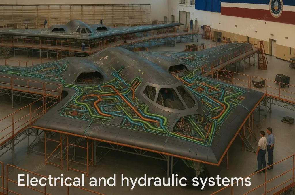 An annotated image of a B-2 Spirit stealth bomber in a hangar highlights its internal electrical and hydraulic systems. Multiple colored conduits and pipes are overlaid on the aircraft's surface, representing complex circuitry and fluid channels running across the fuselage and wings. Another B-2 is visible in the background. Several maintenance personnel stand on scaffolding and the floor, examining the aircraft. The image is labeled “Electrical and hydraulic systems” at the bottom.