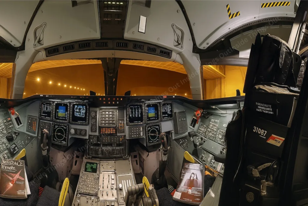 A high-resolution interior view of the B-2 Spirit stealth bomber cockpit, featuring dual control sticks, advanced digital displays, and an array of navigation and communication panels. The cockpit is dimly lit with an orange glow from the hangar outside. Pilot seats are equipped with parachute packs, and magazines are placed on each seat, adding a human touch to the otherwise technical environment.