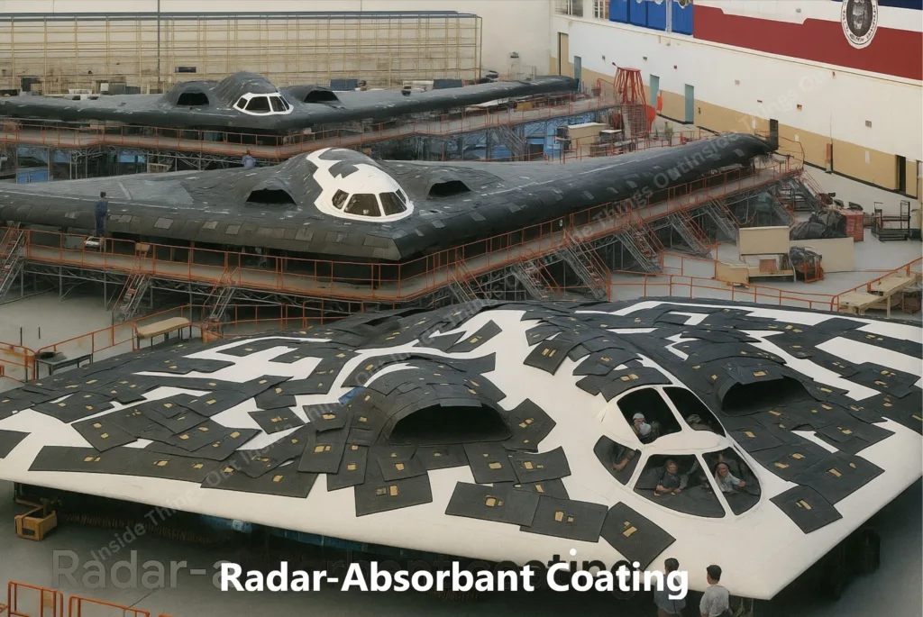Several B-2 Spirit stealth bombers inside a large hangar undergoing maintenance or assembly. The aircraft in the foreground is covered in contrasting black radar-absorbent coating panels over a white surface, illustrating the application process of stealth materials. Workers are seen inspecting and installing components, and scaffolding surrounds each aircraft for access. The scene emphasizes the intricate work involved in stealth technology maintenance.