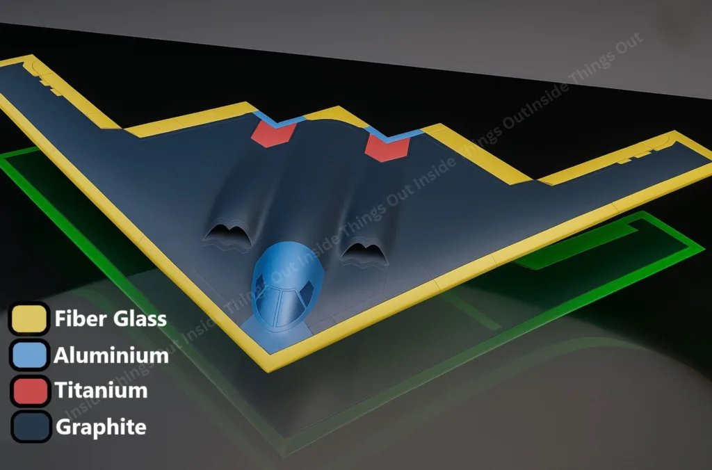 A digital illustration of the B-2 Spirit stealth bomber shows a color-coded breakdown of its airframe materials. The aircraft's structure is segmented with yellow (Fiber Glass) on the wing edges, blue (Aluminium) on the cockpit, red (Titanium) near the engine inlets, and dark gray (Graphite) covering most of the fuselage and wings. A legend in the bottom-left corner identifies the materials, while the aircraft rests on a reflective black and green surface.