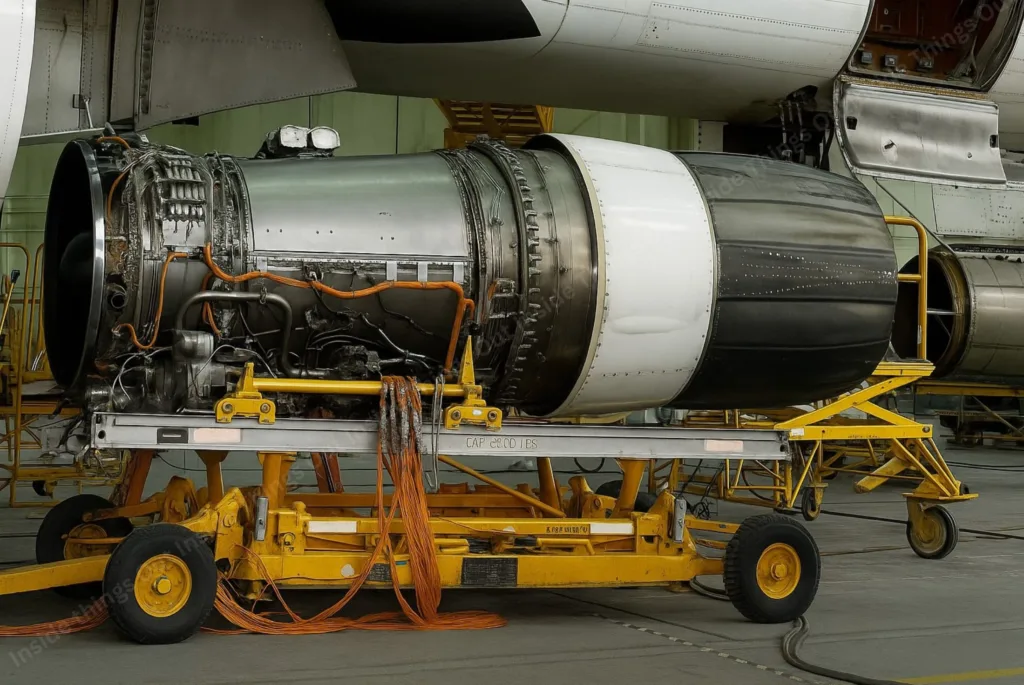 A close-up view of a General Electric F118-GE-100 jet engine mounted on a yellow maintenance cart inside an aircraft hangar. The engine is partially disassembled, exposing intricate wiring, components, and metallic casing. Orange diagnostic cables hang from the engine and cart, indicating it's undergoing maintenance or inspection. Another engine is visible in the background.