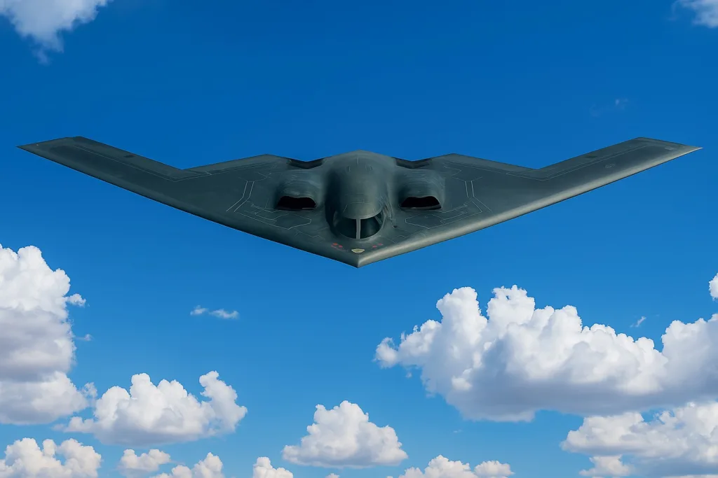 A high-resolution image of a Northrop B-2 Spirit stealth bomber flying against a vivid blue sky with scattered white clouds, showcasing its sleek, angular, flying-wing design.