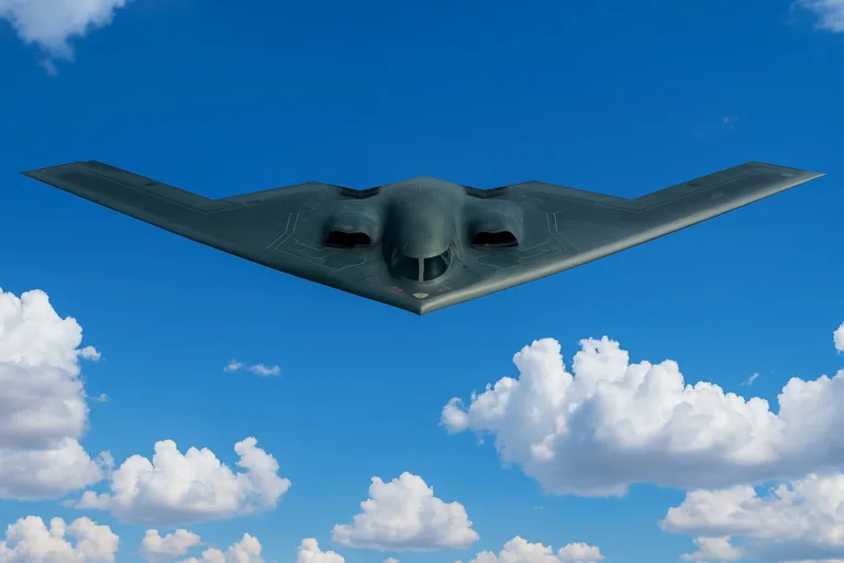 A high-resolution image of a Northrop B-2 Spirit stealth bomber flying against a vivid blue sky with scattered white clouds, showcasing its sleek, angular, flying-wing design.