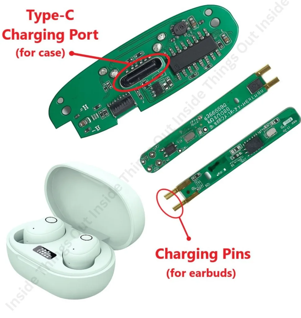 Earbuds Charging Port, Earbuds Charging Pins, Earbuds charging pins shows on PCB board.