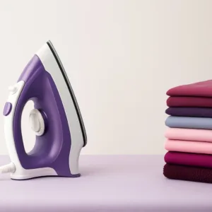 A standing cloth iron next to freshly pressed & folded garments. Cloth Iron.