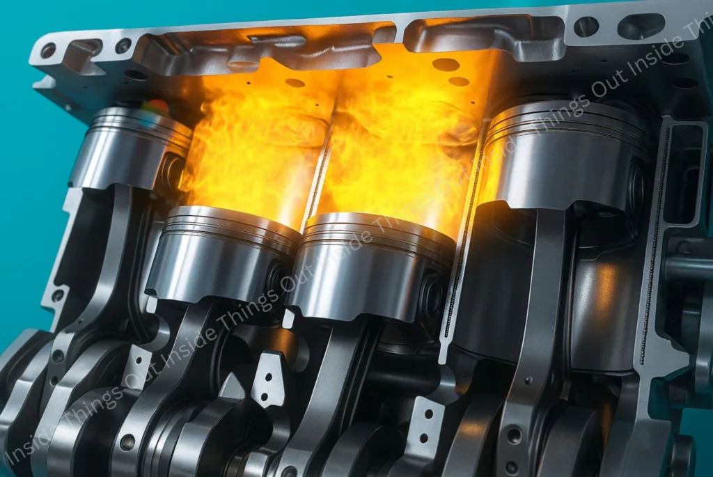Combustion chamber, Combustion inside the piston cylinder.