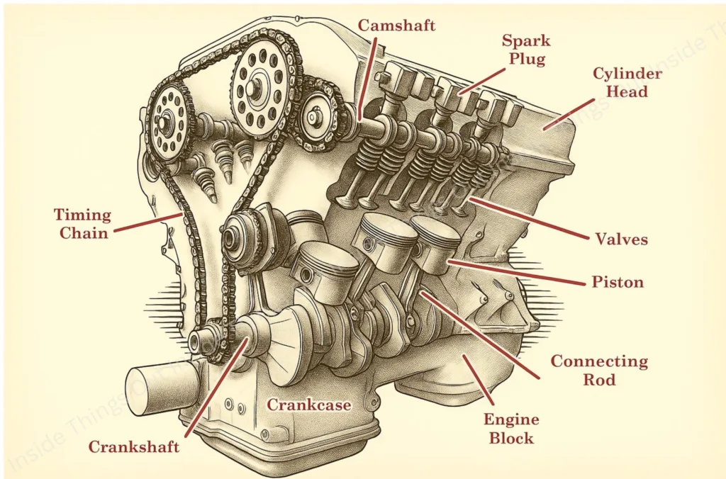 Understanding of car engine components, contains every important parts of engine such as Camshaft, crankshaft, timing chain, etc..